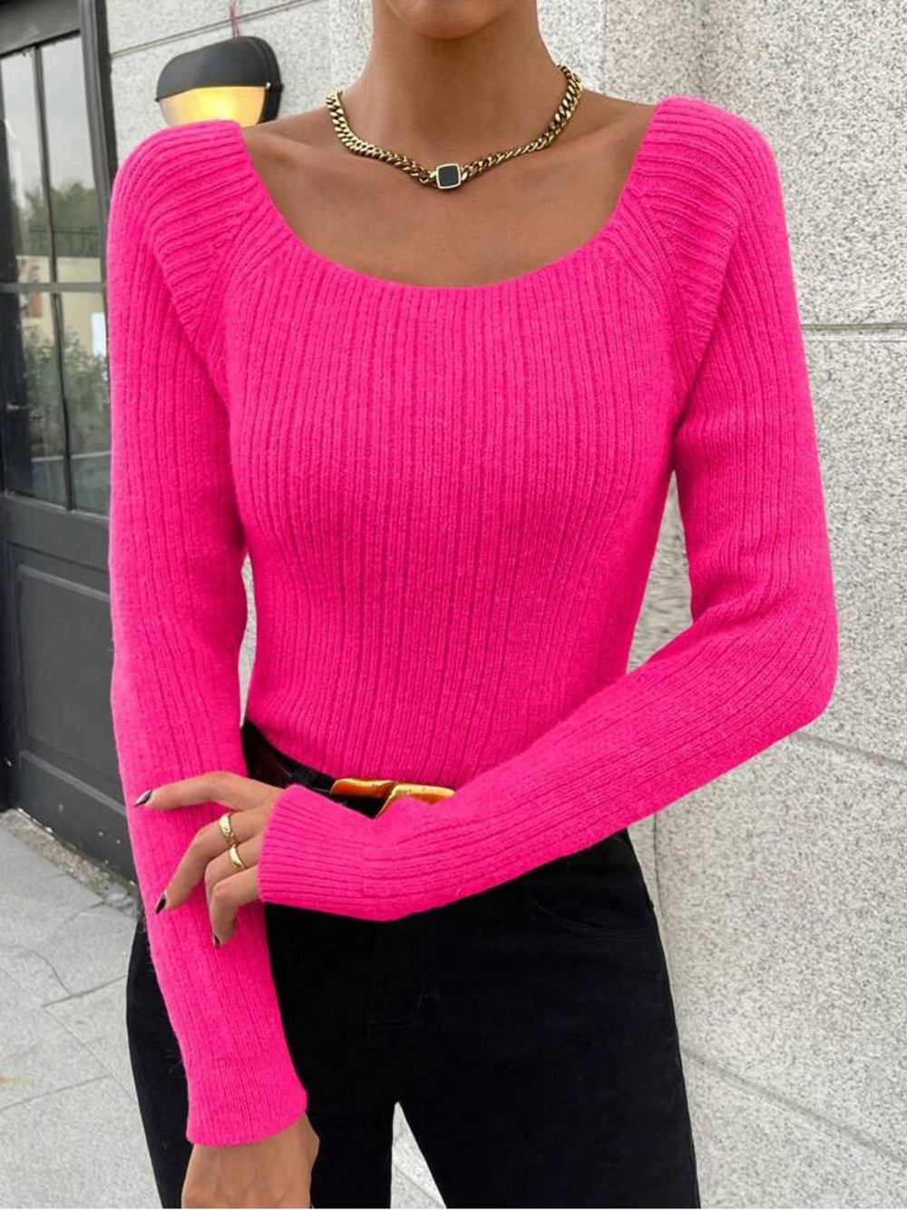Hot Pink Wide round neck sweater.